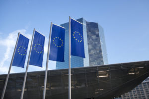 European Union flags in front of the European Central Bank, Frankfurt